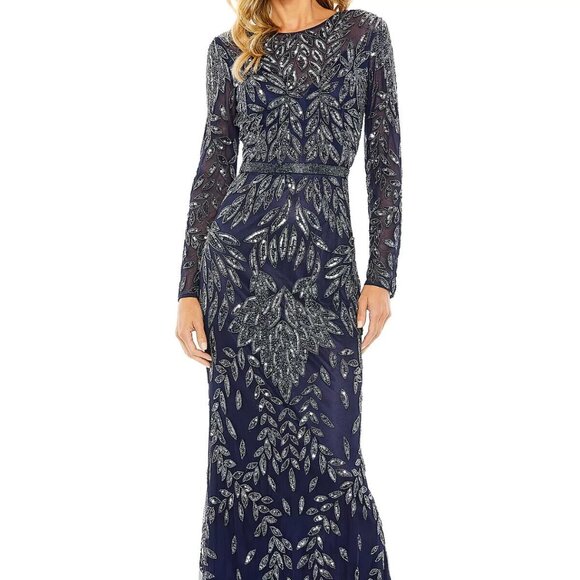 Mac Duggal Midnight Blue Beaded Long Sleeve Gown